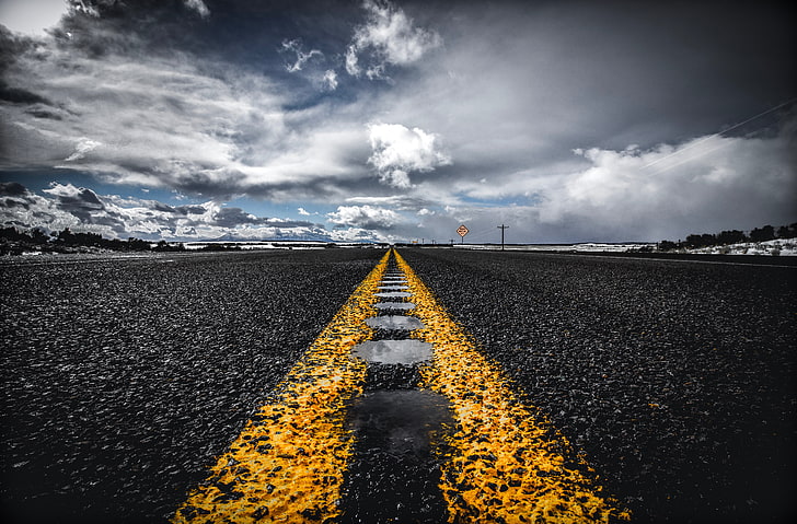 pintura amarilla del centro del camino, camino, marcado, horizonte, asfalto, Fondo de pantalla HD