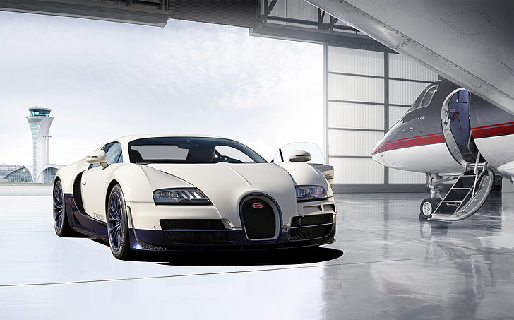 белый Bugatti Veyron, спортивное купе, самолет, гараж, Bugatti, ангар, Veyron, Super Sport, самолет, HD обои