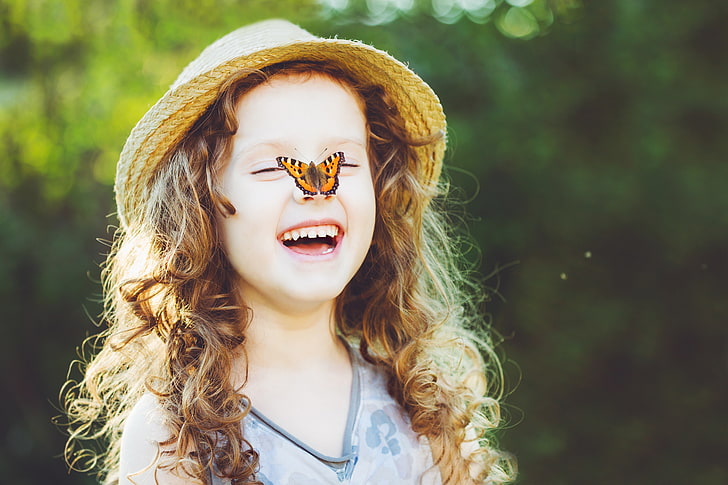 butterfly, nature, children, childhood, sweetheart, child, spring, blonde, happy, beautiful, lovely, cute, little girl, playing, HD wallpaper