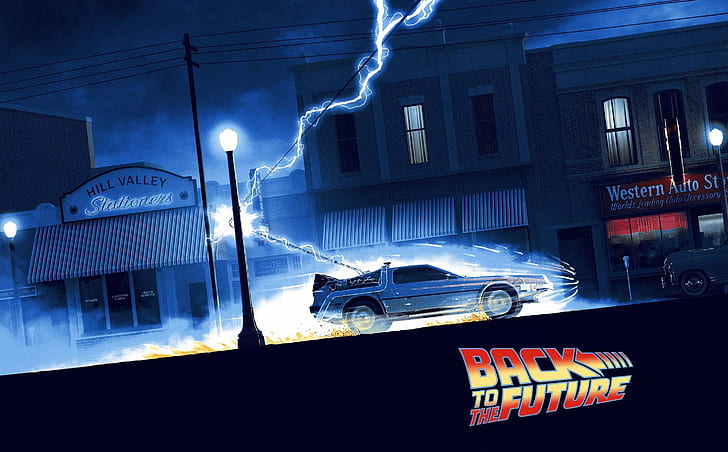 Back to the Future, 1985 (Year), movies, Time Machine, artwork, DeLorean, car, lightning, vehicle, HD wallpaper