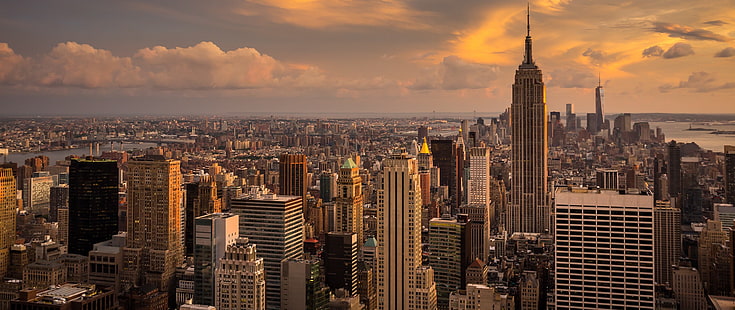 Нью-Йорк, Манхэттен, утро, Эмпайр Стейт Билдинг, город, облака, HD обои HD wallpaper