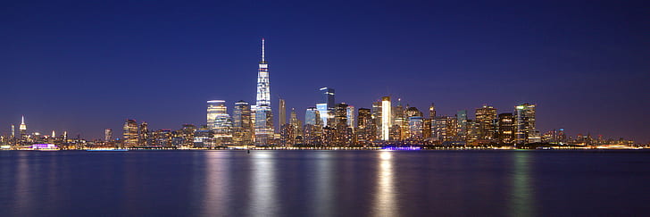 cityscape of lighted up city near calm body of water, manhattan, manhattan, Liberty State Park, NJ, blue hour, cityscape, city, calm, body of water, NYC, Manhattan  #Skyline, architecture, ESB, blue  #summer, horizon, urbain, ニュ, ヨ, ク, urban Skyline, skyscraper, night, downtown District, urban Scene, famous Place, built Structure, uSA, tower, office Building, building Exterior, modern, reflection, sky, HD wallpaper