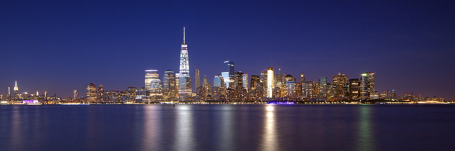 cityscape of lighted up city near calm body of water, manhattan, manhattan, Liberty State Park, NJ, blue hour, cityscape, city, calm, body of water, NYC, Manhattan  #Skyline, architecture, ESB, blue  #summer, horizon, urbain, ニュ, ヨ, ク, urban Skyline, skyscraper, night, downtown District, urban Scene, famous Place, built Structure, uSA, tower, office Building, building Exterior, modern, reflection, sky, HD wallpaper HD wallpaper