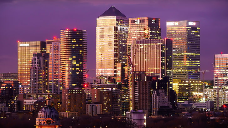 кэнэри-уорф, лондон, великобритания, англия, европа, пурпурное небо, огни города, сумерки, вечер, HD обои