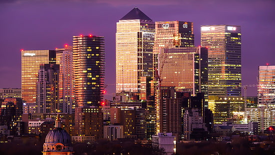 カナリーワーフ、ロンドン、イギリス、イギリス、ヨーロッパ、紫の空、街の明かり、夕暮れ、夜、 HDデスクトップの壁紙 HD wallpaper