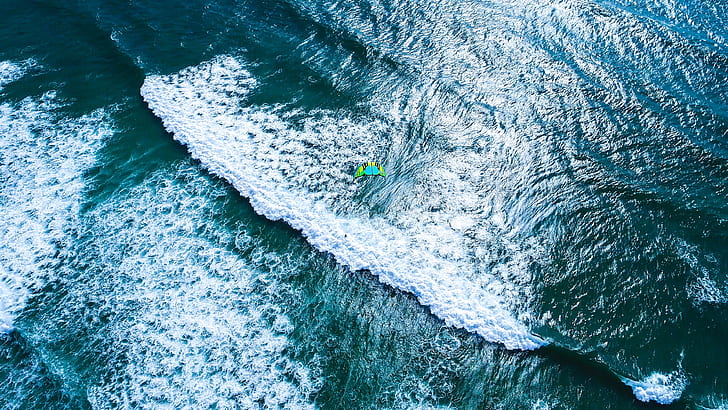 surfer, above, ocean, photography, drone, guernsey, vazon, blue, kite surfer, kite, drone view, wind wave, wave, water, aerial photography, sea, aerial view, birds eye view, HD wallpaper