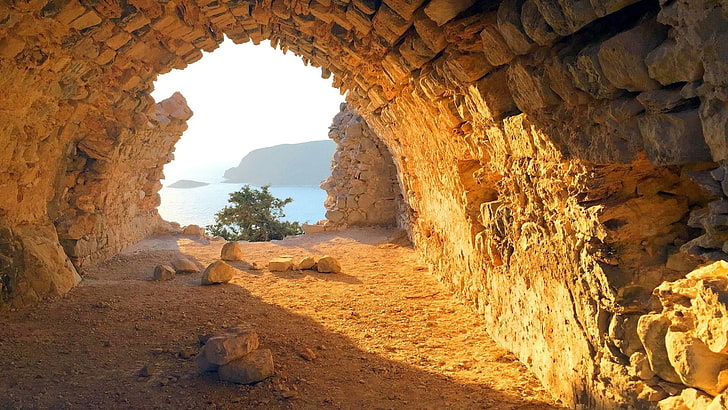 roca, monolitos, rodas, túnel, geología, cueva, ruinas, fortaleza, grecia, histórico, cielo, Fondo de pantalla HD