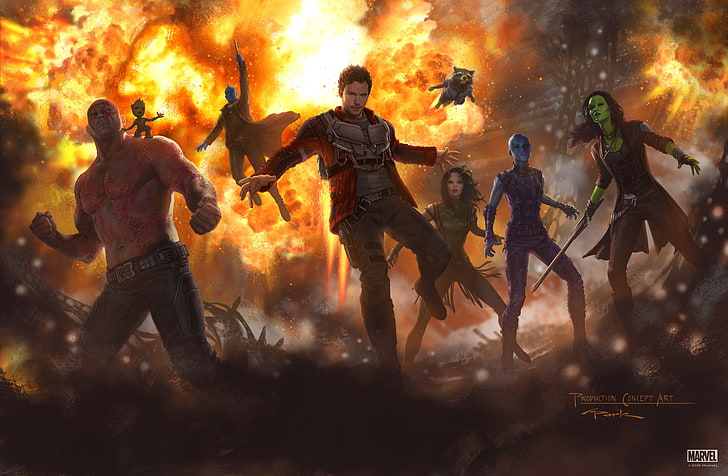 Ilustracja Guardians of the Galaxy, Andy Park, Guardians of the Galaxy Vol. 2, grafika, Gamora, Drax the Destroyer, mgławica, Star Lord, Rocket Raccoon, modliszka, Baby Groot, Yondu Udonta, Guardians of the Galaxy, Tapety HD