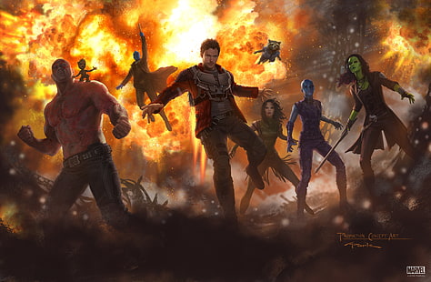 Guardians of the Galaxy illustration, Andy Park, Guardians of the Galaxy Vol. 2, artwork, Gamora , Drax the Destroyer, nebula, Star Lord, Rocket Raccoon, mantis, Baby Groot, Yondu Udonta, Guardians of the Galaxy, HD wallpaper HD wallpaper