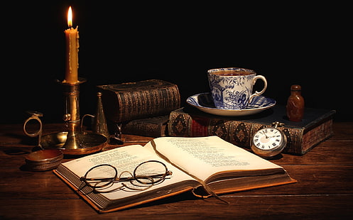 runde Brille mit schwarzen Rahmen, Tee, Uhr, Bücher, Kerze, Brille, Tasse, Stillleben, HD-Hintergrundbild HD wallpaper