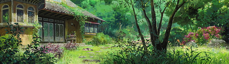 구조와 식물, 나무로 둘러싸인 집의 풍경, 스튜디오 지브리, Karigurashi no Arrietty, 다중 디스플레이, 코티지, 정원, 삽화, HD 배경 화면