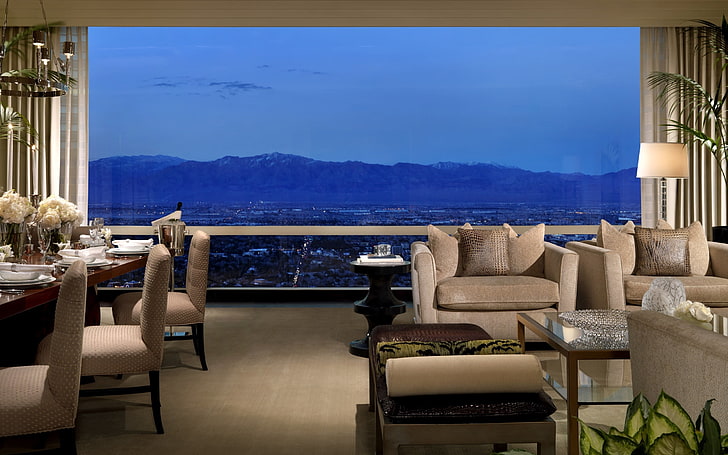 conjunto de sofá de tecido bege, montanhas, hotel, janela, sala, mesa, vip, design de interiores, paisagem, HD papel de parede