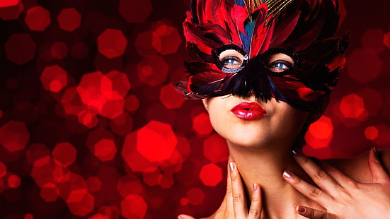 Masquerade, mask, feathers, make-up girl, red lip, Masquerade, Mask, Feathers, Make, Up, Girl, Red, Lip, HD wallpaper HD wallpaper