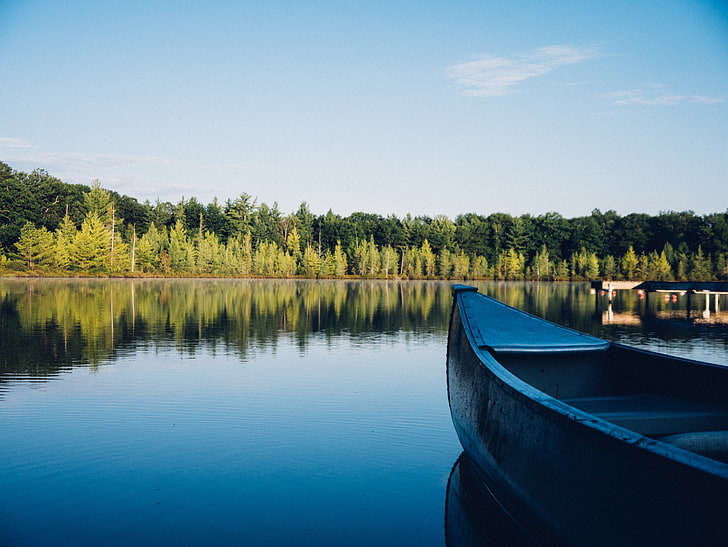 blue canoe, boat, canoe, lake, trees, HD wallpaper