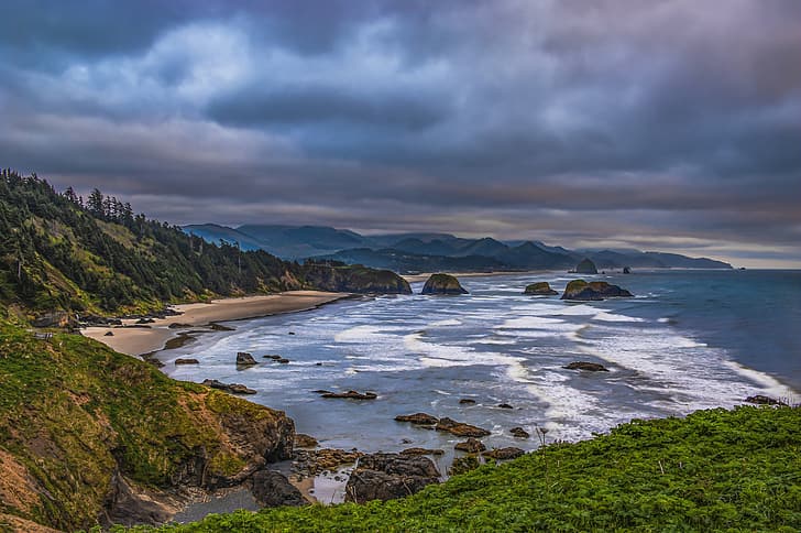 landscape, clouds, nature, the ocean, coast, USA, United States, Oregon, Cannon Beach, Ecola State Park, HD wallpaper