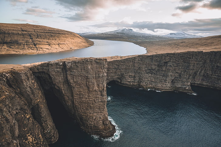 brown rock formation, nature, landscape, water, Faroe Islands, HD wallpaper