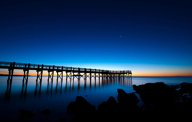 silhouette of wooden bridge on water at dawn, pier, silhouette, wooden bridge, water, dawn, Nikon  Nikkor, AF, S  10, f3.5, f4.5, Nikon Nikkor, Connecticut, Milford, CT, Silver  Sands  State  Park, Silver Sands State Park, Walnut, Beach, blue, sea, nature, sunset, jetty, outdoors, sky, tranquil Scene, wood - Material, coastline, HD wallpaper