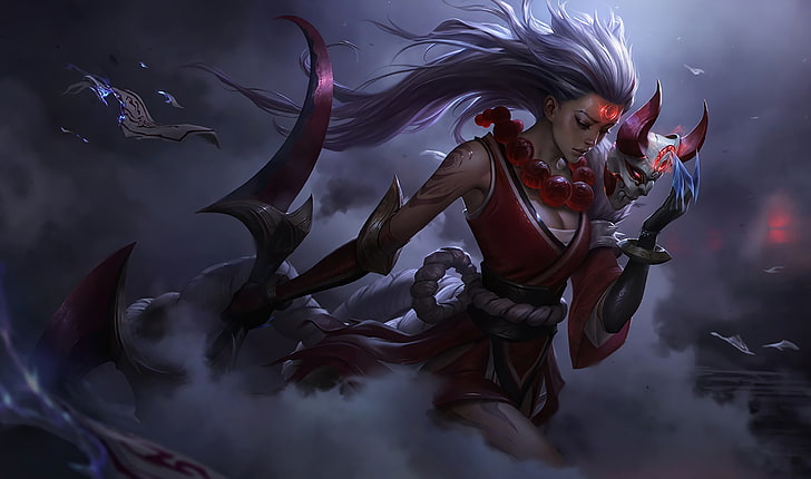 League of Legends Bloodmoon Diana digital wallpaper, Diana (League of Legends), chinese new year, sword, Blood moon, mask, League of Legends, HD wallpaper