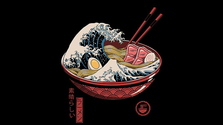 ramen, fale, pałeczki, pałeczki, jajka, japońskie, jedzenie, The Great Wave off Kanagawa, Kanagawa, Tapety HD