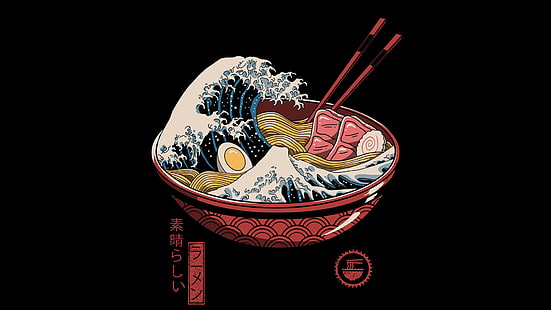  ramen, waves, chopstick, chopsticks, eggs, Japanese, food, The Great Wave off Kanagawa, Kanagawa, HD wallpaper HD wallpaper