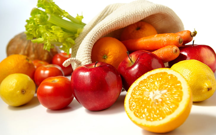 盛り合わせ色の果物と野菜、ニンジン、リンゴ、レモン、バッグ、果物、野菜、 HDデスクトップの壁紙