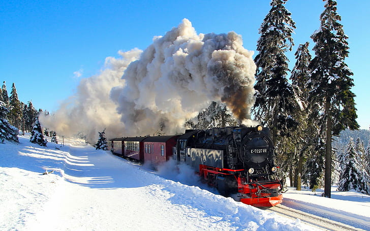 la nature hiver neige ombre train vapeur locomotive arbres paysage chemin de fer forêt harz, Fond d'écran HD