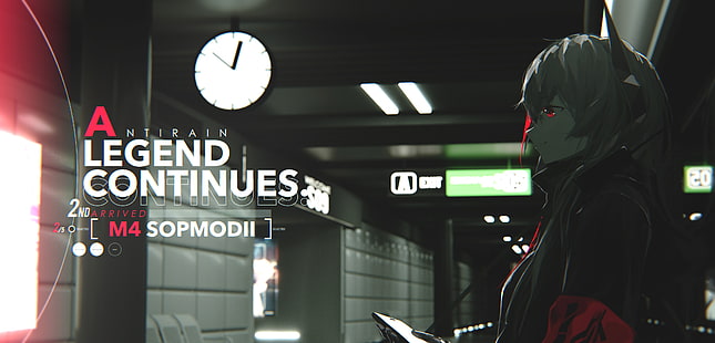 m4 sopmod ii, linha da frente de garotas, vista de perfil, sorridente, olhos vermelhos, estação de trem, Anime, HD papel de parede HD wallpaper