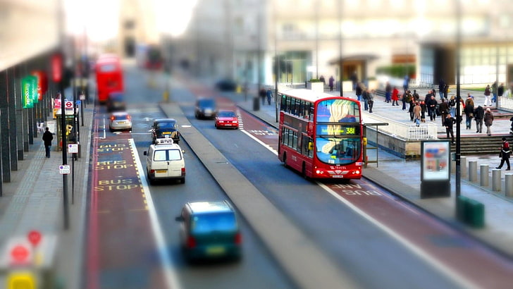 красный автобус, городской пейзаж, размыто, автомобиль, Англия, двухэтажный, Великобритания, HD обои