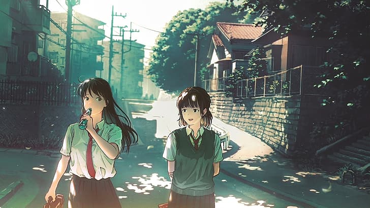 anime şehri, anime kızlar, Japonya, okul forması, HD masaüstü duvar kağıdı