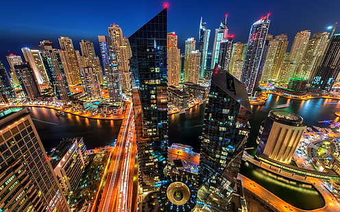 Dubai Marina, Dubai, UAE, stad, kväll, byggnader, skyskrapor, hus, ljus, Dubai, Marina, UAE, stad, kväll, byggnader, skyskrapor, hus, lampor, HD tapet HD wallpaper