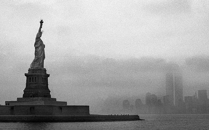 градски пейзаж, град, Ню Йорк, монохромен, Статуя на свободата, САЩ, Никога не забравяйте, Кули близнаци, HD тапет