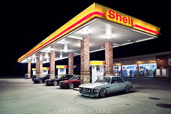 Station-service Shell, stations-service, BMW, Shell Oil Company, Stanceworks, BMW E30, BMW M3 E46, BMW E28, BMW 3.0 CSL, voiture, Fond d'écran HD