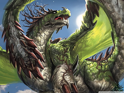 иллюстрация зеленого дракона, дракон, искусство фантазии, тварь, произведение искусства, HD обои HD wallpaper