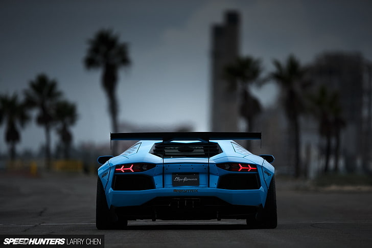 blue luxury car with text overlay, car, Lamborghini, Lamborghini Aventador, LB Works, Liberty Walk, blue, HD wallpaper