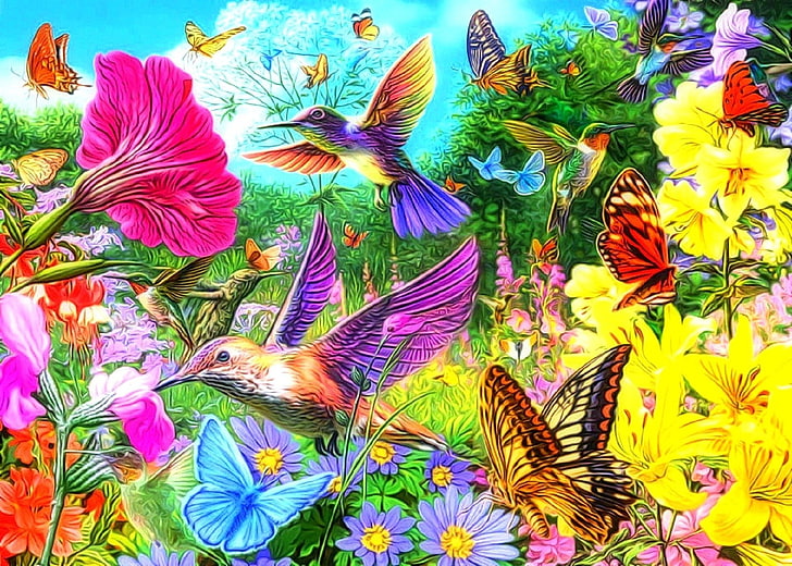 Sanatsal, Bahar, Kuş, Kelebek, Kolaj, Renkli, Renkler, Çiçek, HD masaüstü duvar kağıdı