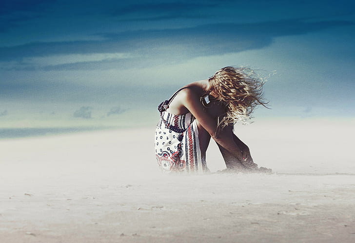 женщины, модель, блондинка, фильтр, песчаные бури, мини-платье, HD обои