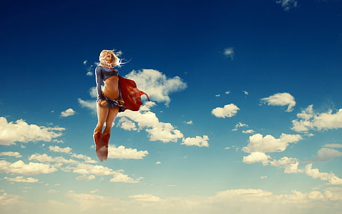 Ms.Marvel, Supergirl, cielo, nubes, anime, volador, rubia, superhéroe, ilustraciones, DC Comics, superheroínas, capa, arte digital, Fondo de pantalla HD HD wallpaper