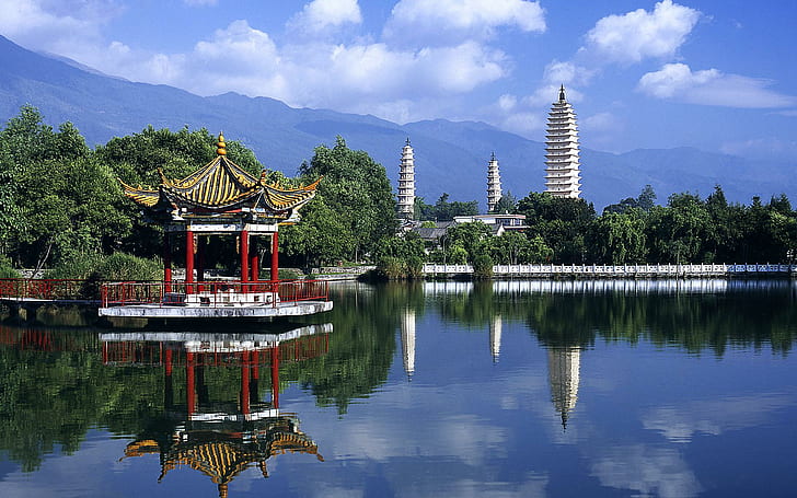 Китай - езеро, Китай, езеро, windows7theme, сграда, 3d и абстрактно, HD тапет