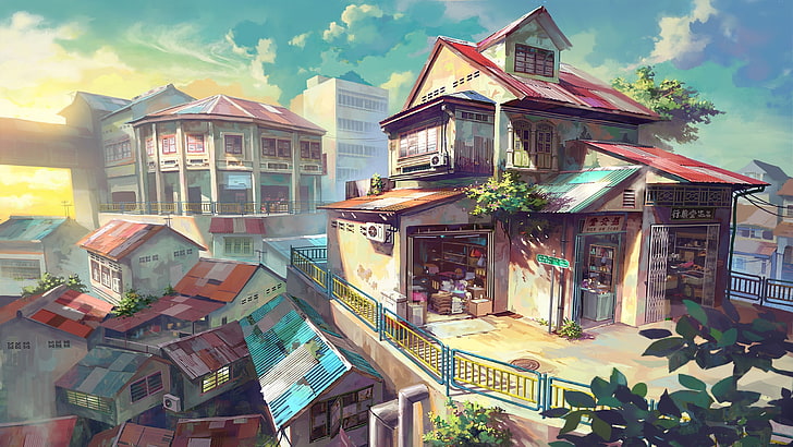 Casas de pintura, ciudad, casa, anime, Malasia, paisaje urbano, Fondo de pantalla HD