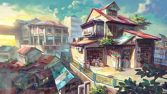 къщи живопис, град, къща, аниме, Малайзия, градски пейзаж, HD тапет HD wallpaper
