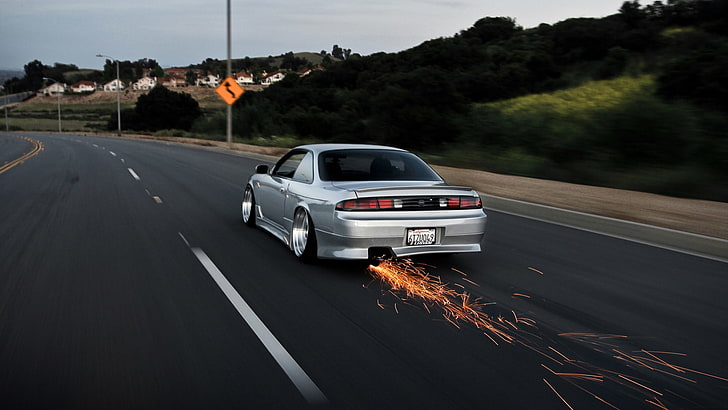 auto, cars, fire, low, nissan, roads, silver, sparks, stance, tuning, vehicles, wheels, HD wallpaper