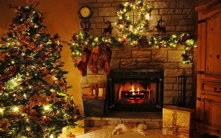 Christmas Home, brown concrete fireplace, new year, lovely, cabin, nice, beautiful, house, cottage, decoration, pretty, home, holiday, lights, HD wallpaper