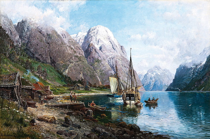 brązowo-czarna łódź, grafika, malarstwo, sztuka klasyczna, sztuka tradycyjna, Anders Askevold, Norwegia, natura, krajobraz, statek, żaglowiec, łódź, góry, jezioro, dom, chmury, ludzie, zaśnieżony szczyt, Tapety HD