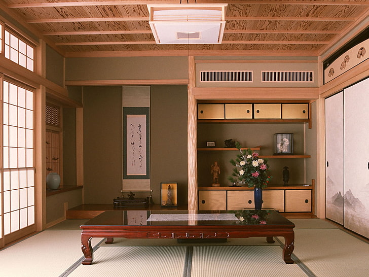 правоъгълна кафява дървена масичка за кафе, маса, стая, стена, шкаф, HD тапет