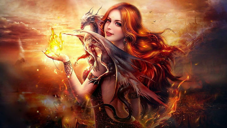 dragon, fantasy art, girl, fire, HD wallpaper
