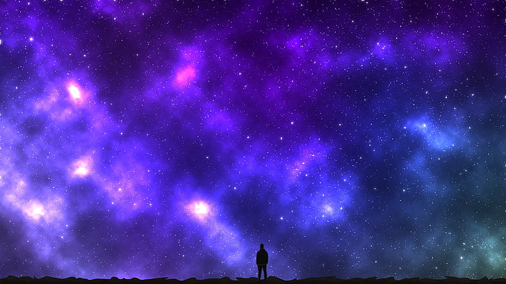силуэт фото человека с фоном галактики, небесные фонарики, космос, ночь, Lost Planet, изоляция, облака, мужчины, силуэт, HD обои