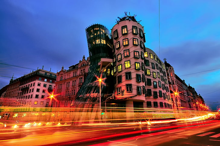 the city, lights, the evening, excerpt, Prague, Czech Republic, The dancing house, HD wallpaper