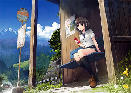 аниме, юбка, школьная форма, аниме девушки, кофе-кизоку, оригинальные персонажи, HD обои HD wallpaper