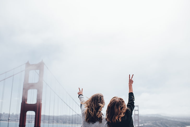 женщины, мост Золотые Ворота, знак мира, Сан-Франциско, туман, мост, HD обои