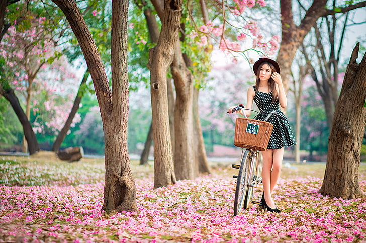 women's black and white sleeveless mini dress, girl, bike, spring, flowering, pink garden, HD wallpaper